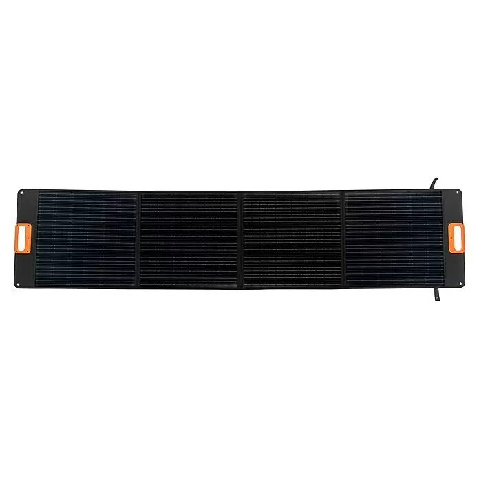 Yard Force Set Powerstation LX PS600 + Solarmodul Flex LX SPP20 - 518 Wh - Faltbares schwarzes Solarpanel mit mehreren Segmenten und orangefarbenen Griffen.