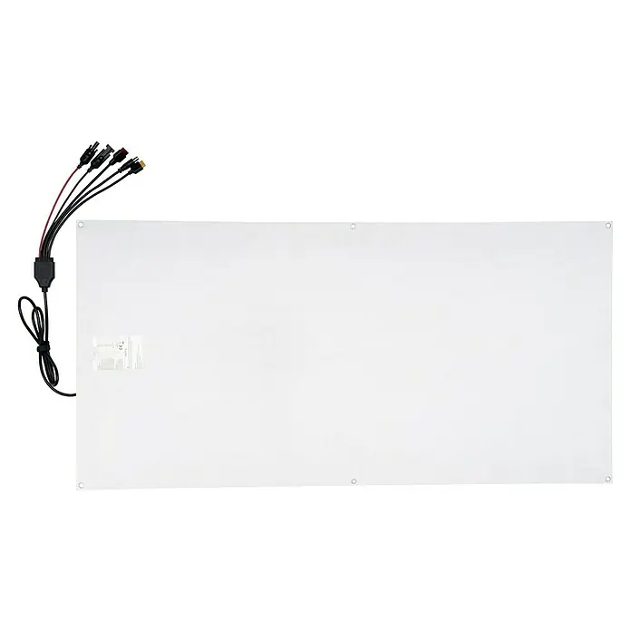 Technaxx Solarmodul flexibel TX-208 - Max. Leistung: 100 W, 0,3 x 108 x 53,5 cm - Eine rechteckige weiße Platte mit Kabeln und Anschlüssen, die für elektronische Geräte oder als Teil einer elektronischen Baugruppe verwendet werden kann.