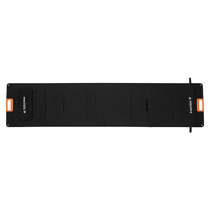 Yard Force Solarmodul Flex LX SPP20 - Max. Leistung: 200 W, 230 x 54 x 1,5 cm - Schwarzes faltbares Solarpanel mit orangefarbenen Griffen und Yard Force Branding.