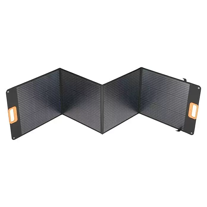 Yard Force Set Powerstation LX PS600 + Solarmodul Flex LX SPP20 - 518 Wh - Faltbares, dunkelgraues, tragbares Solarpanel mit orangefarbenen Griffen zum Laden im Freien.