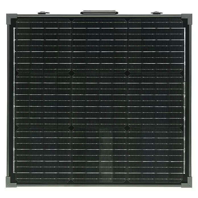 Technaxx Solarkoffer TX-215 - Max. Leistung: 100 W, 107 x 57 x 4 cm - Schwarzes Solarpanel mit grauem Rahmen und sichtbaren Photovoltaikzellen zur Energiegewinnung.