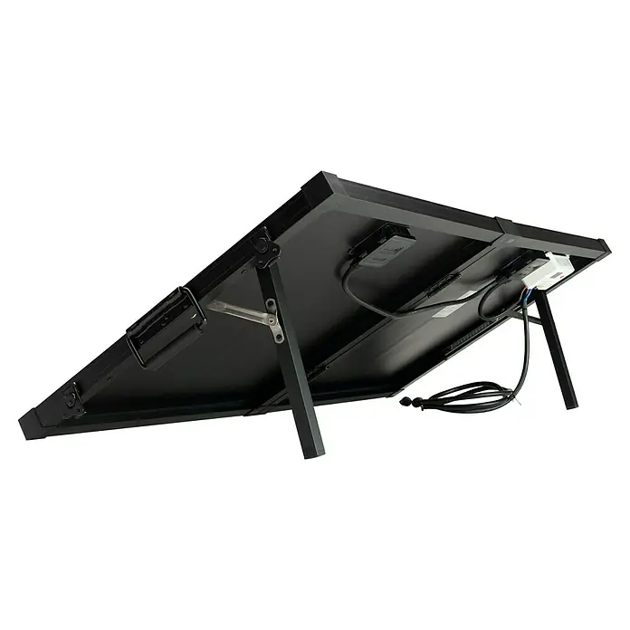 Technaxx Solarkoffer TX-215 - Max. Leistung: 100 W, 107 x 57 x 4 cm - Rückansicht einer schwarzen, tragbaren Solaranlage mit Ständer und Kabeln, ideal für netzunabhängige Stromversorgung.