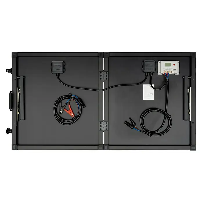 Technaxx Solarkoffer TX-215 - Max. Leistung: 100 W, 107 x 57 x 4 cm - Draufsicht auf ein tragbares Solarmodul-Kit mit Solarregler, Kabeln und Klemmen, ideal für netzunabhängige Stromversorgung und Camping.