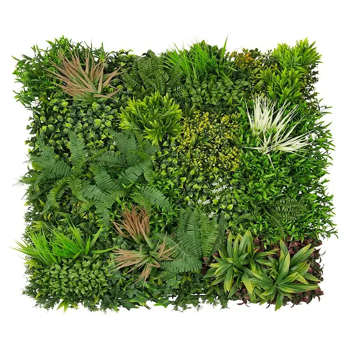 Faura Jardín vertical Madagascar - Plástico, L x An: 100 x 100 cm - Una pared de plantas verdes presenta una variedad de texturas y tonos, creando una apariencia vibrante y natural. Perfecto como decoración.