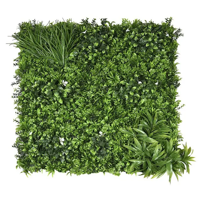 Faura Jardín vertical Amazónica - Plástico, L x An: 100 x 100 cm - Una pared de plantas verde con varias hojas y texturas, ideal como elemento decorativo para espacios interiores.