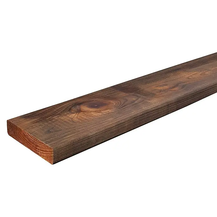 Cerland Tarima para terraza Lisa - L x An x Es: 240 x 9,5 x 2 cm, Pino - Un tablero de madera marrón impregnada con bordes redondeados, ideal para construir vallas o muebles de jardín.