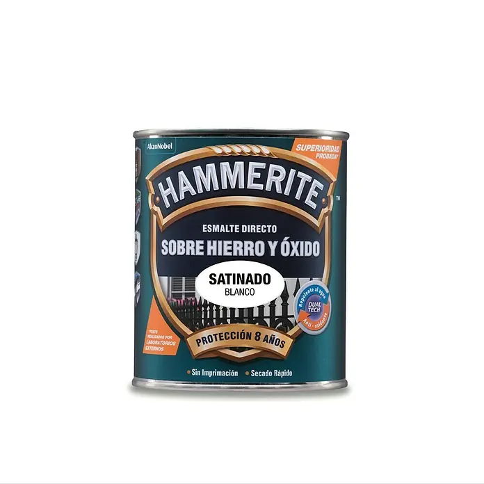 Hammerite Esmalte para metal Hierro y Óxido - Blanco, 750 ml, Efecto satinado - Bote de pintura Hammerite Directo al Óxido, satinado, blanco, ofrece 8 años de protección, ideal para metales exteriores.