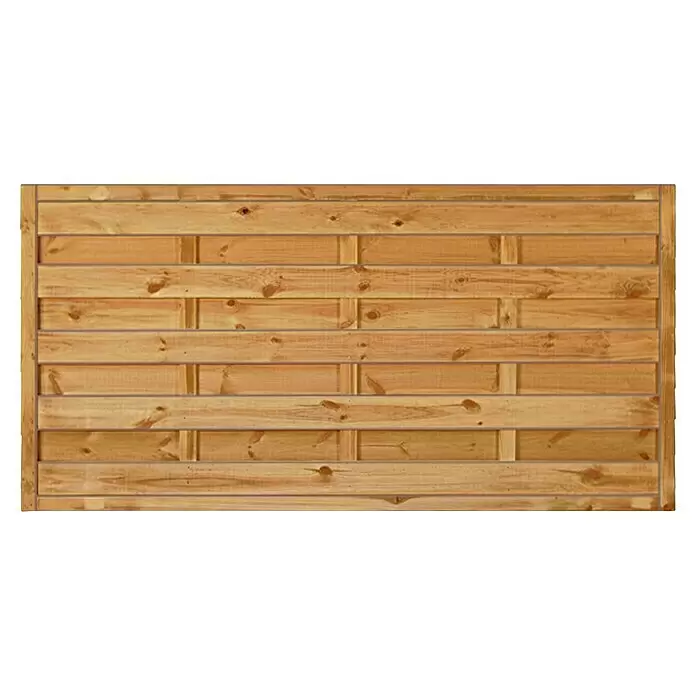 T & J Sichtschutzelement Maxi Massiv - 180 x 90 cm, Holz, KDI Grün - Natürlicher Holz-Sichtschutzzaun mit horizontalen Lamellen und sichtbaren vertikalen Stützen.