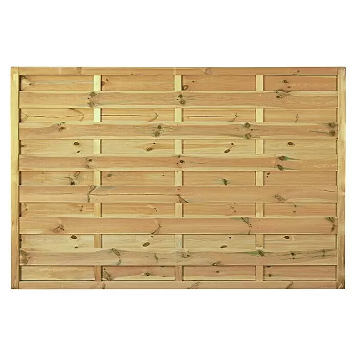 T & J Sichtschutzelement Maxi Massiv - 180 x 120 cm, Holz, KDI Grün - Heller Holzzaun mit horizontalen Latten und sichtbaren Ästen, ideal für den Sichtschutz im Garten.