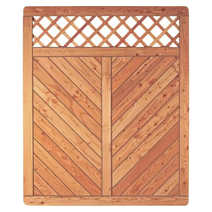 T & J Sichtschutzelement Skagen - 150 x 180 cm, Holz, Natur - Heller Holzzaun mit diagonalen Latten und einem dekorativen Rankgitter oben.