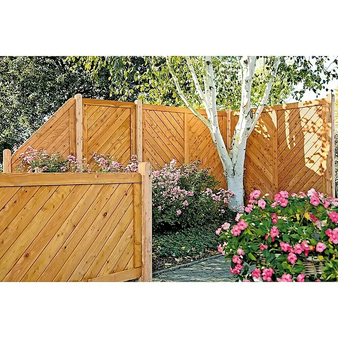 T & J Sichtschutzelement Esbjerg - 180 x 90 cm, Holz, Natur - Der Holzzaun mit diagonalen Brettern und integriertem Blumenkasten sorgt für Privatsphäre und eine natürliche Gartenatmosphäre.