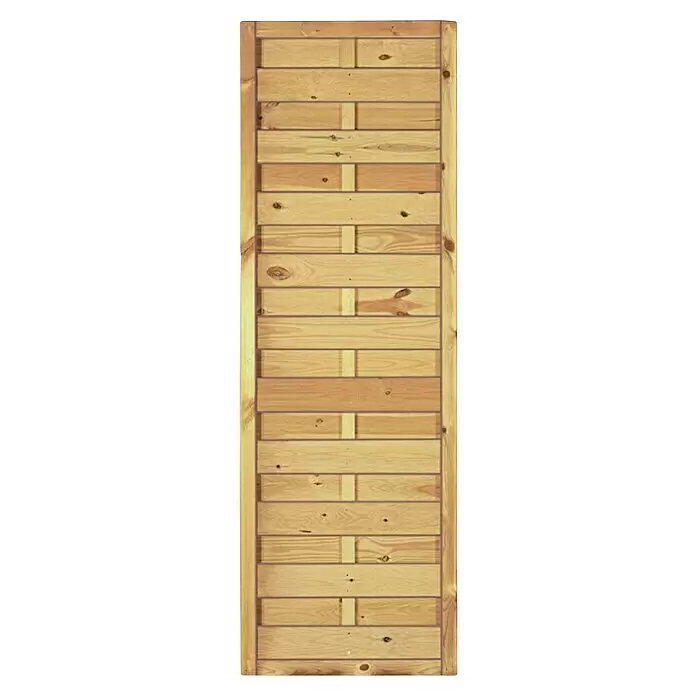 T & J Sichtschutzelement Maxi Massiv - 60 x 180 cm, Holz, KDI Grün - Heller Holzlattenzaun mit horizontalen Lamellen in versetzter Anordnung und vertikalem Rahmen.