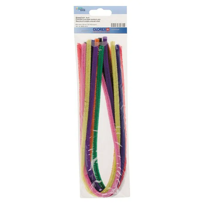 Glorex Biegeplüsch - Bunt, 50 cm, 10 Stk. - Eine Packung bunte Biegeplüsch-Drähte zum Basteln, ideal für kreative Projekte und Dekorationen. Die Drähte sind in verschiedenen Farben sortiert.