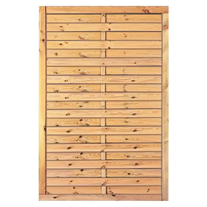 T & J Sichtschutzelement - 100 x 150 cm, Holz, KDI Grün - Sichtschutzelement aus hellem Naturholz mit horizontalen Latten, sichtbarer Maserung und Ästen, durch vertikale Streben verbunden.