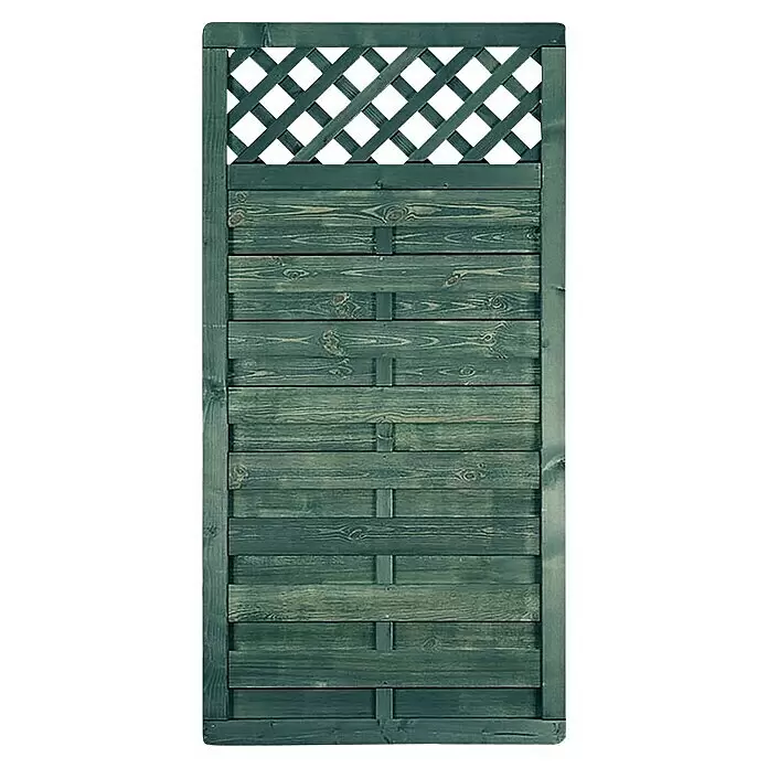 T & J Sichtschutzelement Bartek - 90 x 180 cm, Holz, Grau - Dunkelgrüne Holzzaunplatte mit dekorativem diagonalem Rankgitter oben.