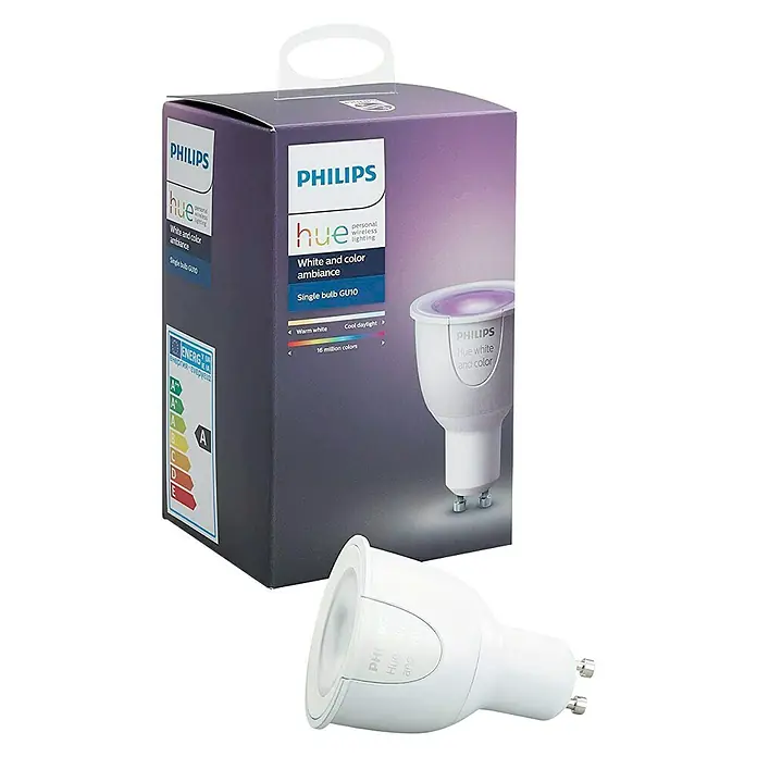 Philips Hue Bombilla LED - GU10, Intensidad regulable, RGBW, 230 lm, 6,5 W - Primer plano de una bombilla LED Philips Hue White & Color Ambience GU10 y su embalaje.