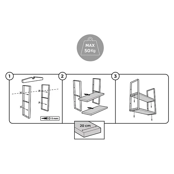 Wandkonsole - L x B x H: 608 x 210 x 30 mm, Belastbarkeit: 30 kg, Stahl, Schwarz - Aufbauanleitung für ein Regal: Schritt-für-Schritt-Anleitung zum Zusammenbauen mit Schrauben und Befestigungen, um ein stabiles Möbelstück zu erhalten.