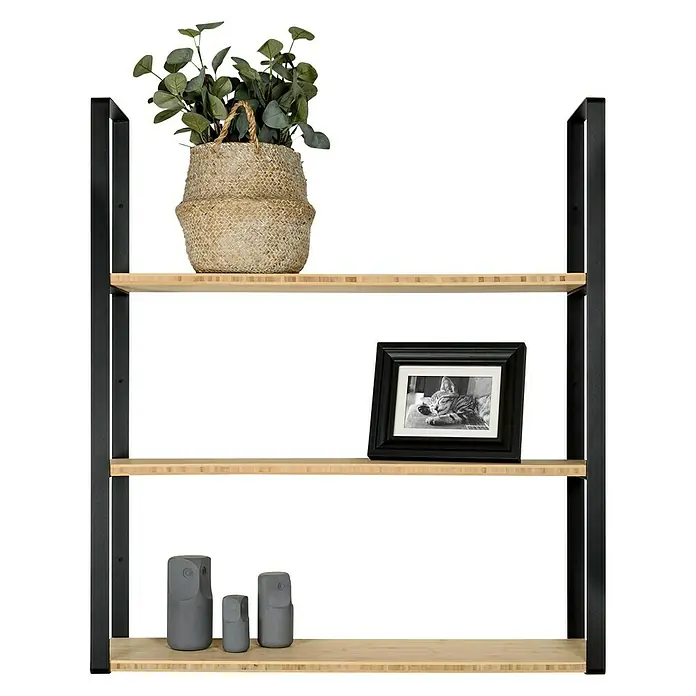 Wandkonsole - L x B x H: 904 x 210 x 30 mm, Belastbarkeit: 30 kg, Stahl, Schwarz - Das Foto zeigt ein modernes, dreistöckiges Bücherregal mit stilvollen Deko-Objekten, perfekt für Wohnzimmer oder Büro.