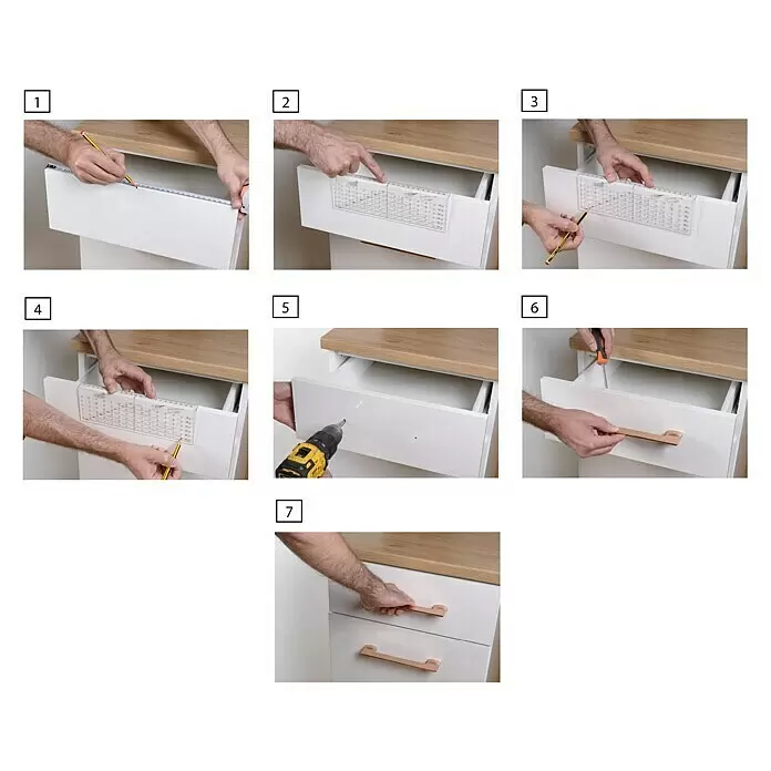 Rei Bohrschablone - L x B x H: 240 x 83 x 18 mm, Transparent - Montageanleitung für roségoldene Schubladengriffe an einer weißen Schublade, mit Bohrschablone.