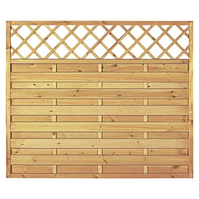 T & J Sichtschutzelement Maxi Massiv - 180 x 150 cm, Holz, Mit Ornament-Gitter, KDI Grün - Heller Holzzaun mit Querlatten und diagonalem Gitteraufsatz.