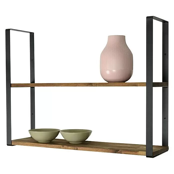 Wandkonsole - L x B x H: 608 x 210 x 30 mm, Belastbarkeit: 30 kg, Stahl, Schwarz - Zweistöckiges Wandregal mit schwarzem Metallrahmen und Holzbrettern, bestückt mit einer rosa Vase und zwei grünen Schalen.
