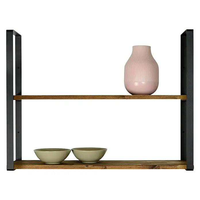 Wandkonsole - L x B x H: 608 x 210 x 30 mm, Belastbarkeit: 30 kg, Stahl, Schwarz - Regal mit rustikalen Holzböden und schwarzen Metallrahmen mit Deko-Vase und Schalen.