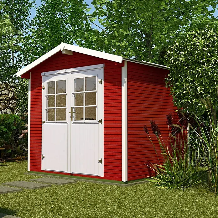 Weka wekaLine Gerätehaus Gr. 1 - Holz, Rot, Weiß - Ein roter Holzschuppen mit weißen Türen und Dach, umgeben von Grün. Ideal für die Gartenaufbewahrung und Werkzeuge.