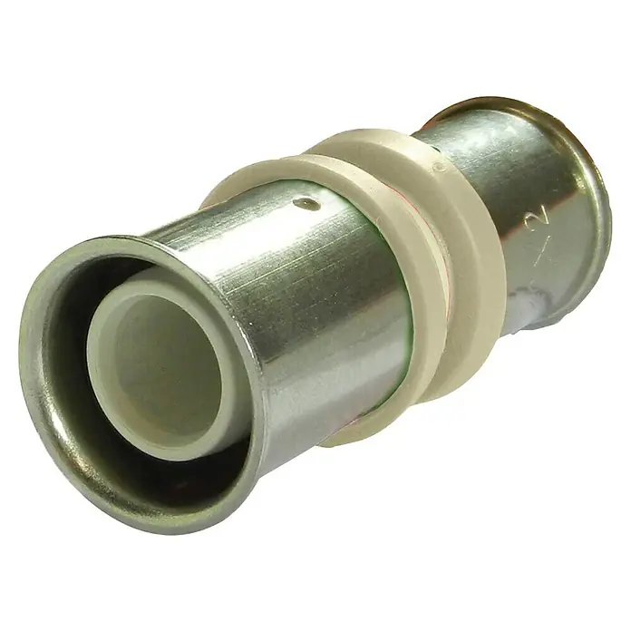 Isoltubex Manguito de unión multicapa PPSU - Diámetro: 32 mm, Polifenilsulfona (PPSU) - Primer plano de un accesorio de prensa metálico con anillos de sellado blancos, comúnmente utilizado en fontanería para conexiones de tuberías herméticas.