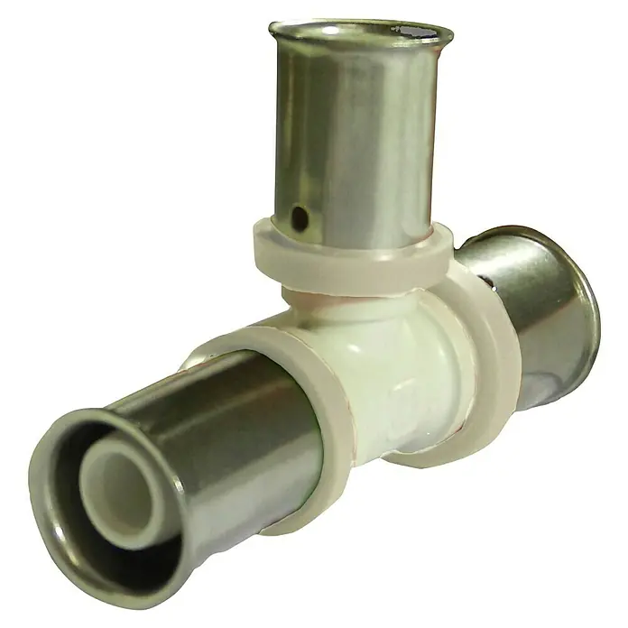 Isoltubex Pieza T - Diámetro: 32 mm, Plástico - En la imagen, un conector en T de prensado para tubos. Fabricado con metal y plástico duraderos, ideal para instalaciones sanitarias y de calefacción.
