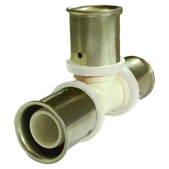 Isoltubex T multicapa PPSU - Diámetro: 25 mm, Polifenilsulfona (PPSU) - Un conector de prensa en T con manguitos metálicos y anillos de sellado blancos, ideal para instalaciones de fontanería.
