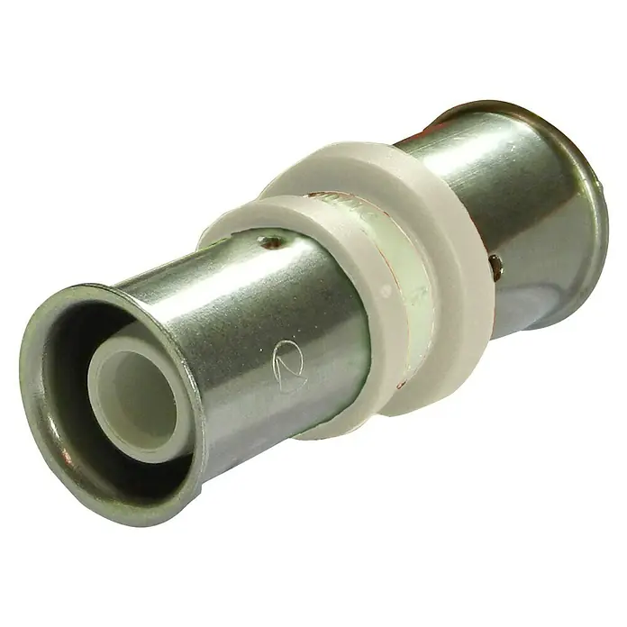 Isoltubex Manguito de unión reductor multicapa - 25 x 16 mm, Polifenilsulfona (PPSU) - Una vista cercana de una transición Viega Smartpress utilizada para instalaciones sanitarias, con un anillo aislante blanco.