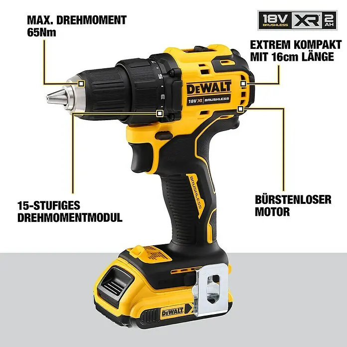DeWalt XR 18V Akku-Bohrschrauber DCD708L2T - 18 V, 2 Akkus, 3 Ah, 65 Nm - Abbildung eines gelb-schwarzen DeWalt Akku-Bohrschraubers mit hervorgehobenen Produktmerkmalen.