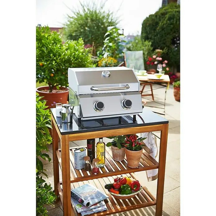 Grillstar Barbacoa de gas de mesa Atlanta 200 T - Superficie de la parrilla (An x Pr): 40 x 33 cm, 4,4 kW, Número de quemadores: 2 - Esta barbacoa de gas de calidad con carro práctico ofrece mucho espacio para accesorios, ideal para barbacoas relajadas al aire libre.