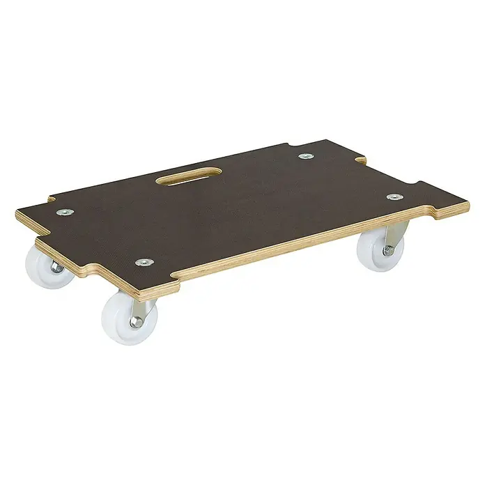 Wagner System Base con ruedas MM 1383 - L x An x Al: 590 x 390 x 110 mm, Capacidad de carga: 250 kg, Madera - Aquí hay una plataforma rodante de madera con cuatro ruedas blancas y un orificio para el mango, ideal para transportar objetos.