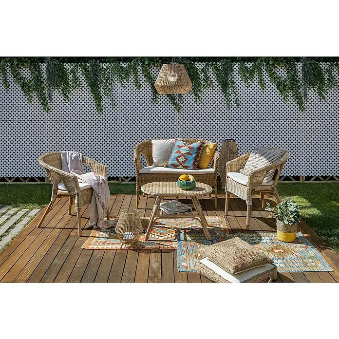 Conjunto de muebles Paula - 4 pzs., Ratán natural, Natural - Relajante zona al aire libre con un conjunto de sofás de ratán, que incluye un sofá, sillas, mesa y alfombra decorativa, perfecto para disfrutar del jardín.