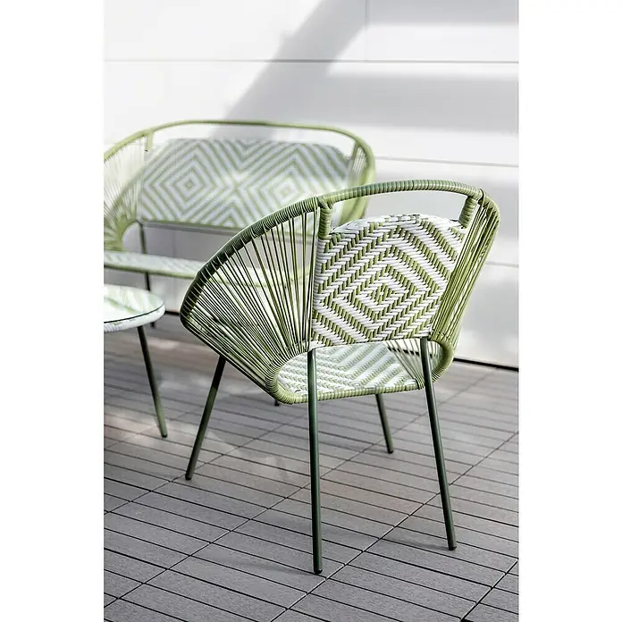 Conjunto de muebles Mariana - 4 pzs., Ratán sintético/Acero, Verde/Blanco - Silla de jardín con estructura verde y patrón tejido blanco y verde. Ideal para el jardín.