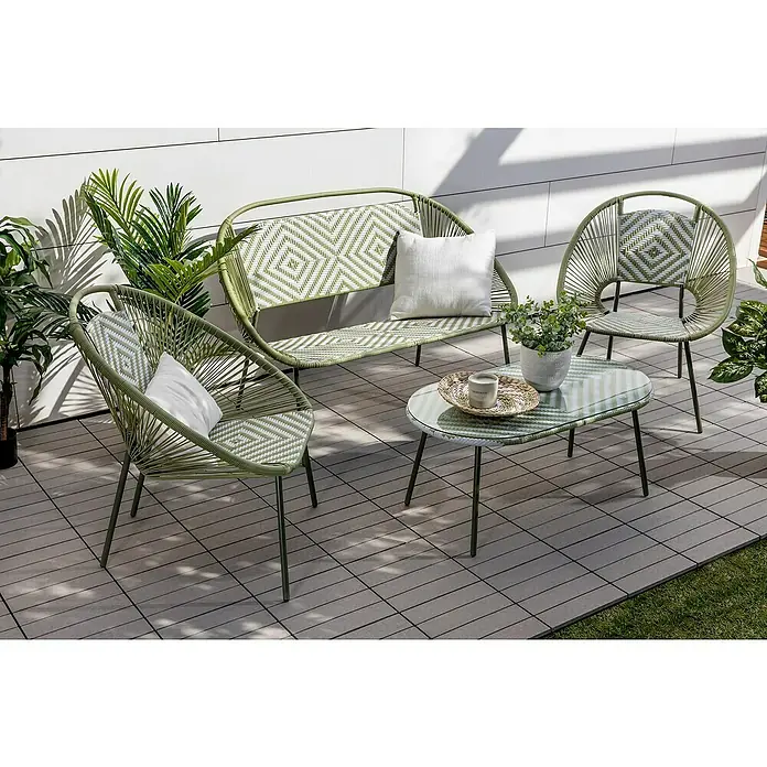 Conjunto de muebles Mariana - 4 pzs., Ratán sintético/Acero, Verde/Blanco - Elegante conjunto de muebles de jardín verdes con sofá, sillones y mesa de cristal, ideal para relajarse al aire libre.