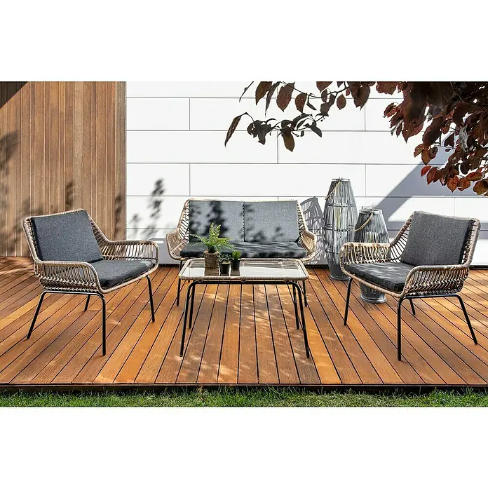 Conjunto de muebles Carolina - 4 pzs., Ratán sintético/Acero, Negro - Elegante mobiliario de patio: acogedora sala de estar de ratán con sofá, sillones y mesa de cristal para relajarse al aire libre.