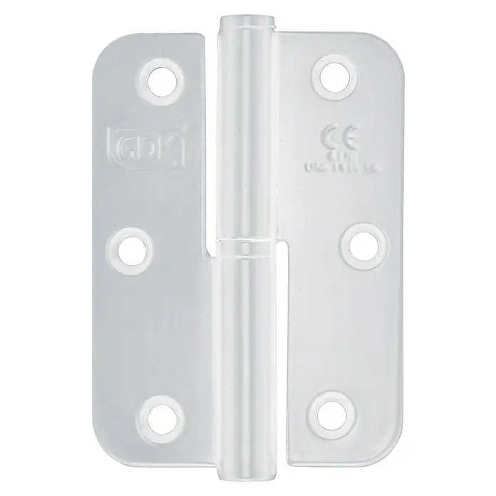 GDK Bisagra plana - L x An: 12,5 x 65 mm, Blanco, Puertas de izquierda, Forma placa: Redonda - Un primer plano de una bisagra de puerta de plástico blanco con bordes redondeados y orificios de fijación, ideal para puertas livianas.