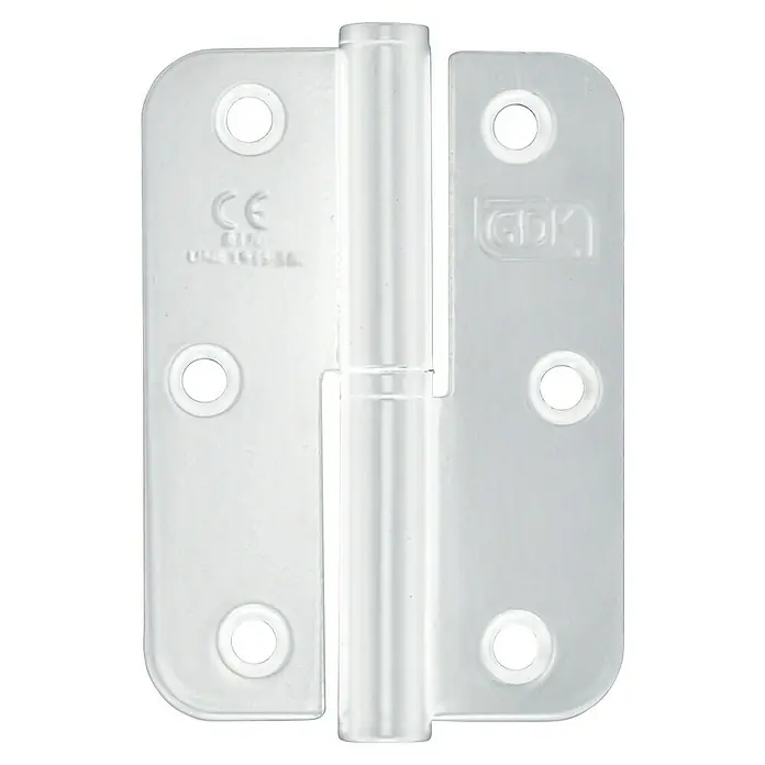 GDK Bisagra plana - L x An: 12,5 x 65 mm, Blanco, Puertas de derecha, Forma placa: Redonda - Primer plano de bisagra de puerta transparente, que muestra un diseño moderno y funcionalidad para interiores contemporáneos.