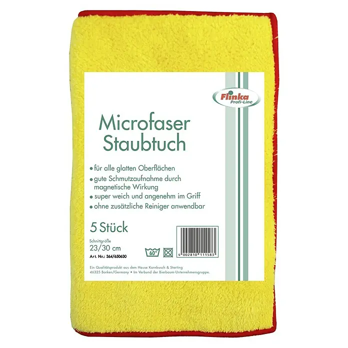 Flinka Profi-Line Staubtuch - 30 x 23 cm - Ein gelbes Mikrofasertuch „Finka Profi-Line“ zum Abstauben, 5 Stück, mit roter Umrandung und Hinweisen zur Verwendung.