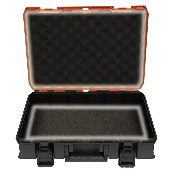 Einhell Systemkoffer E-Case S-F - L x B x H: 44,4 x 33 x 13,1 cm, Polypropylen, Traglast: 25 kg - Geöffnete, schwarze Schutzkoffer mit orangefarbenen Akzenten und Schaumstoffeinlage für sicheren Transport von Wertgegenständen.