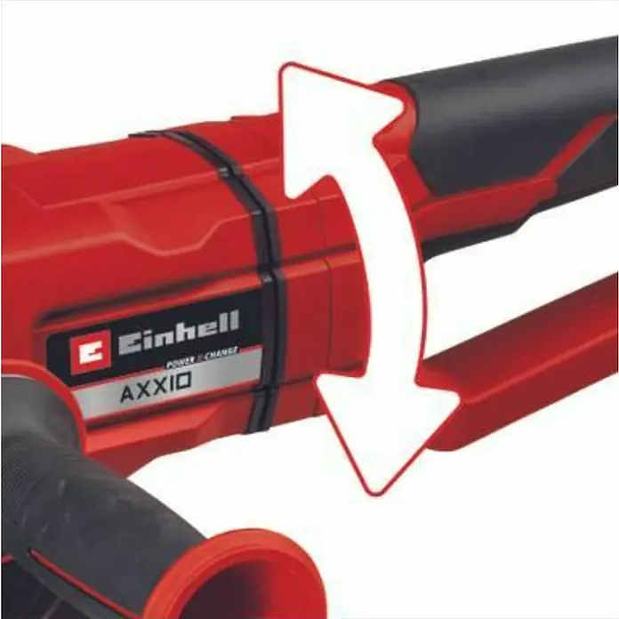 Einhell Professional PXC 18V Amoladora angular de batería Axxio 36/230 Q - 18 V, Sin batería, Diámetro disco: 230 mm - Multiherramienta inalámbrica Einhell AXXIO, roja y negra, con una flecha blanca que indica el movimiento giratorio de la herramienta.
