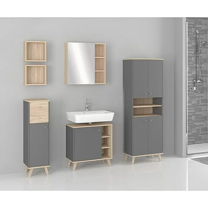 Astor Midischrank - 31 x 33 x 110,5 cm, Anthrazit/Eiche Hell, 2 Schubkästen - Stimmungsaufnahme