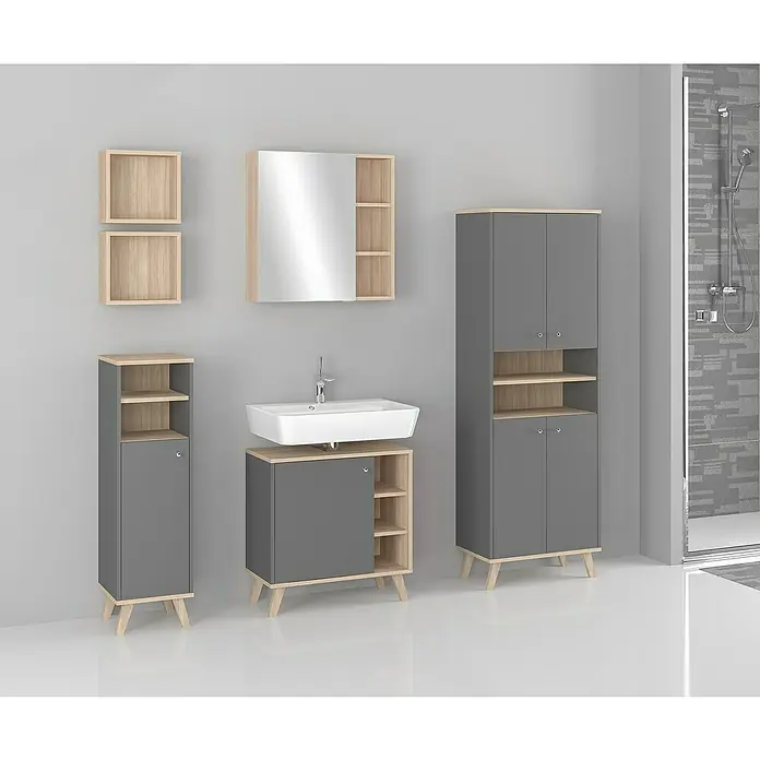 Astor SpiegelschrankB x H: 65 x 65 cm, Ohne Beleuchtung, Holz, Eiche Hell - Badezimmer-Set in Grau und Holzoptik mit Waschbecken, Spiegel, Schränken und Regalen für ein stilvolles Ambiente.
