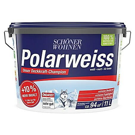 SCHÖNER WOHNEN-Farbe Wandfarbe Polarweiß +10 % mehr Inhalt & Husky geschenkt (Weiß, 11 l, Matt, Konservierungsmittelfrei)