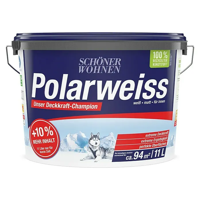 SCHÖNER WOHNEN-Farbe Wandfarbe Polarweiß - Weiß, Matt, 11 l, Konservierungsmittelfrei - Ein Eimer Schöner Wohnen Polarweiss Innenfarbe mit 10% mehr Inhalt. Die Farbe ist weiß, matt und für den Innenbereich geeignet, mit hoher Deckkraft.