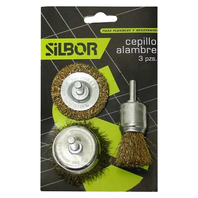 Pack cepillos de alambre - 3 pzs. - Imagen de un juego de cepillos de alambre de SILBOR. Ideal para trabajos de limpieza. Alta calidad y larga duración, apto para taller y bricolaje.