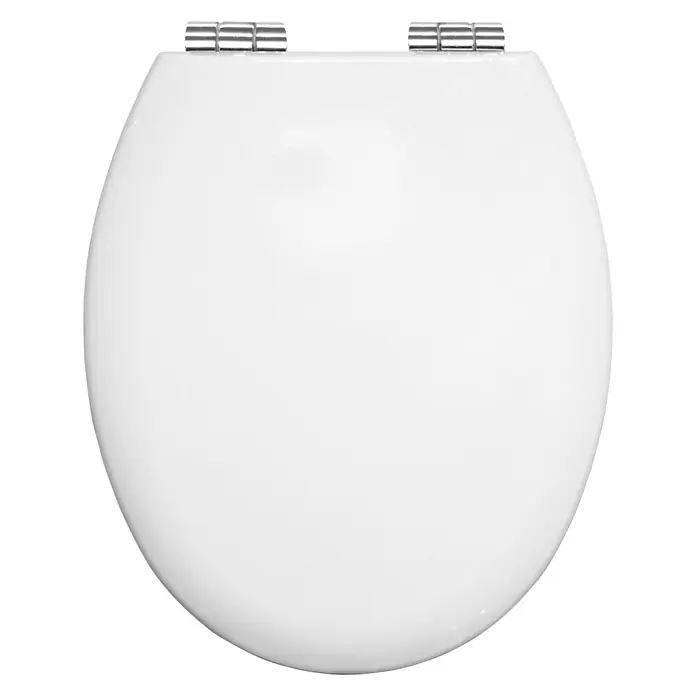 Poseidon Tapa de WC Rio - Madera, Blanco, Con caída amortiguada - Tapa de inodoro blanca con bisagras plateadas. Es ovalada y brillante.