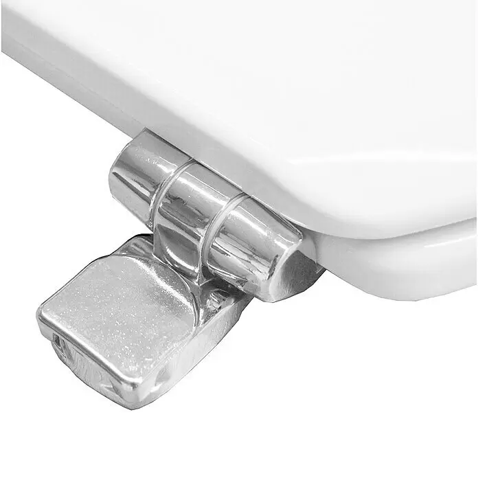 Bemis Tapa de WC Greenline - Madera, Blanco, Con caída amortiguada - Bisagra de asiento de inodoro cromada brillante que conecta un asiento y una tapa de inodoro blancos.